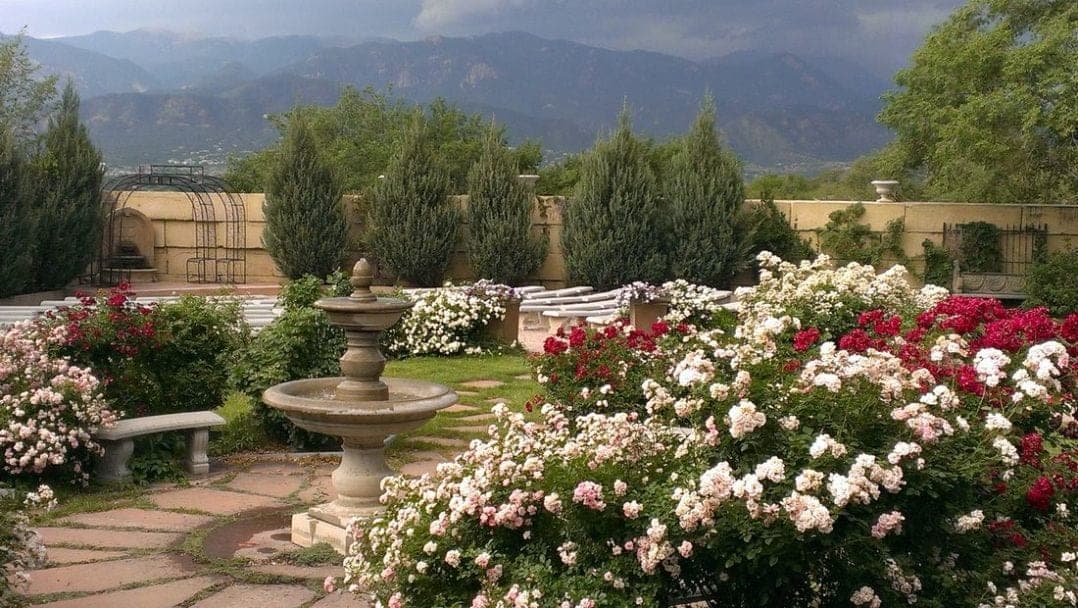 The rose garden and fountain at Hillside Gardens, with mountains behind
